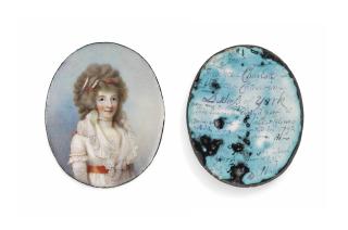 Horace Hone, A.R.A. - Frederica, Duchess of York (1767-1820), in white lace-bordered dress, peach sash tied around waist, pearls on her sleeve, around her neck and adorning her powdered, upswept hair also decorated with peach ribbon