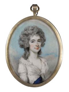 Horace Hone, A.R.A. - Portrait of a young lady, half-length, in a white and blue dress with pearls