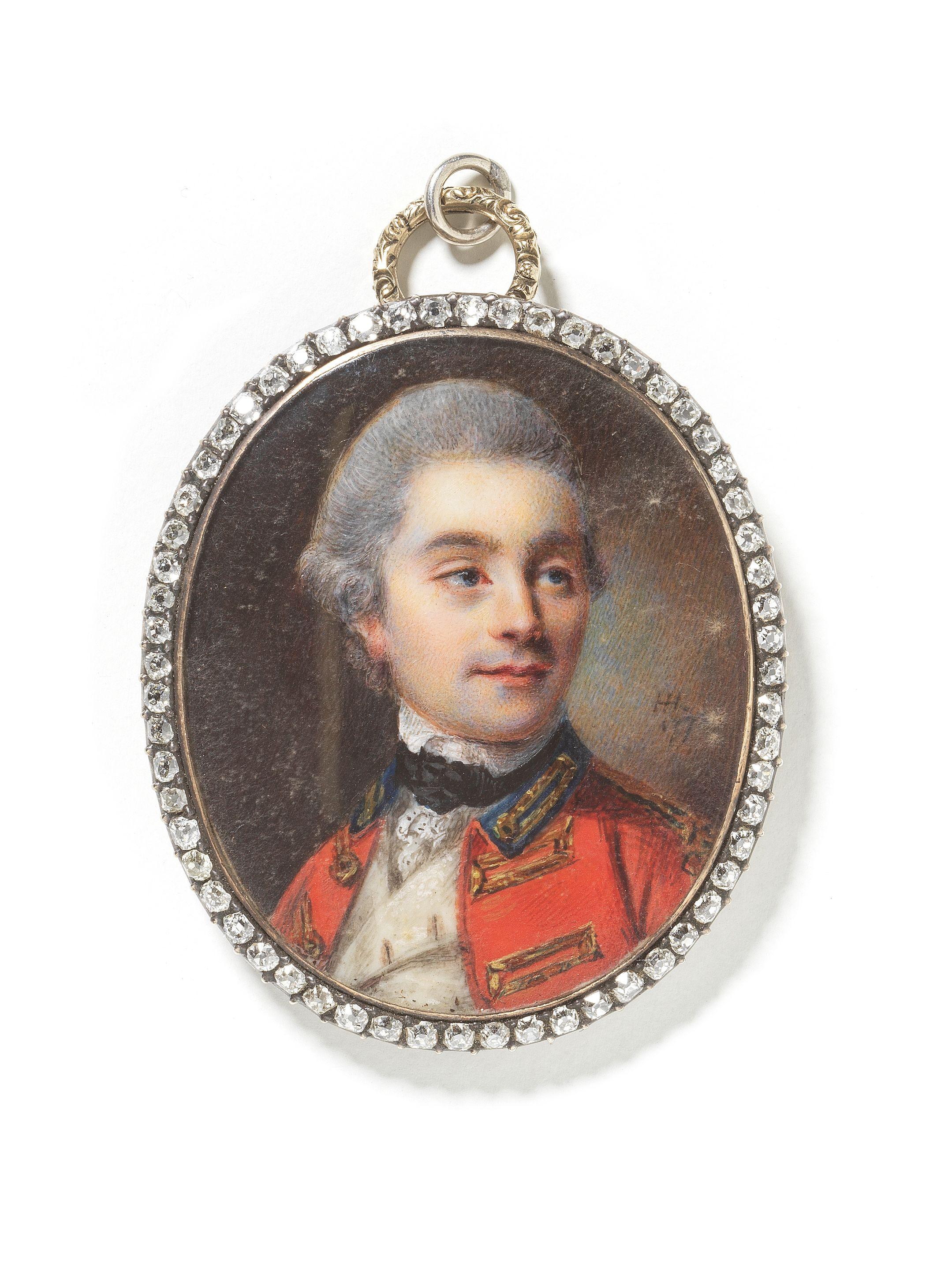 Horace Hone, ARA - A portrait miniature of an officer, possibly a member of Admiral Vernon\'s family, wearing red coat with blue collar, white waistcoat, chemise and lace cravat, black stock, his powdered wig worn en queue