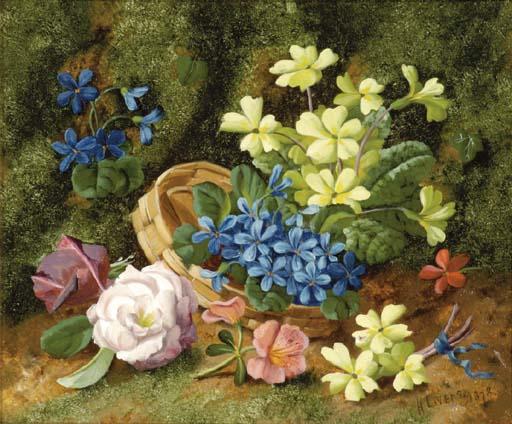 Horace Mann Livens - Flowers in a basket on a mossy bank