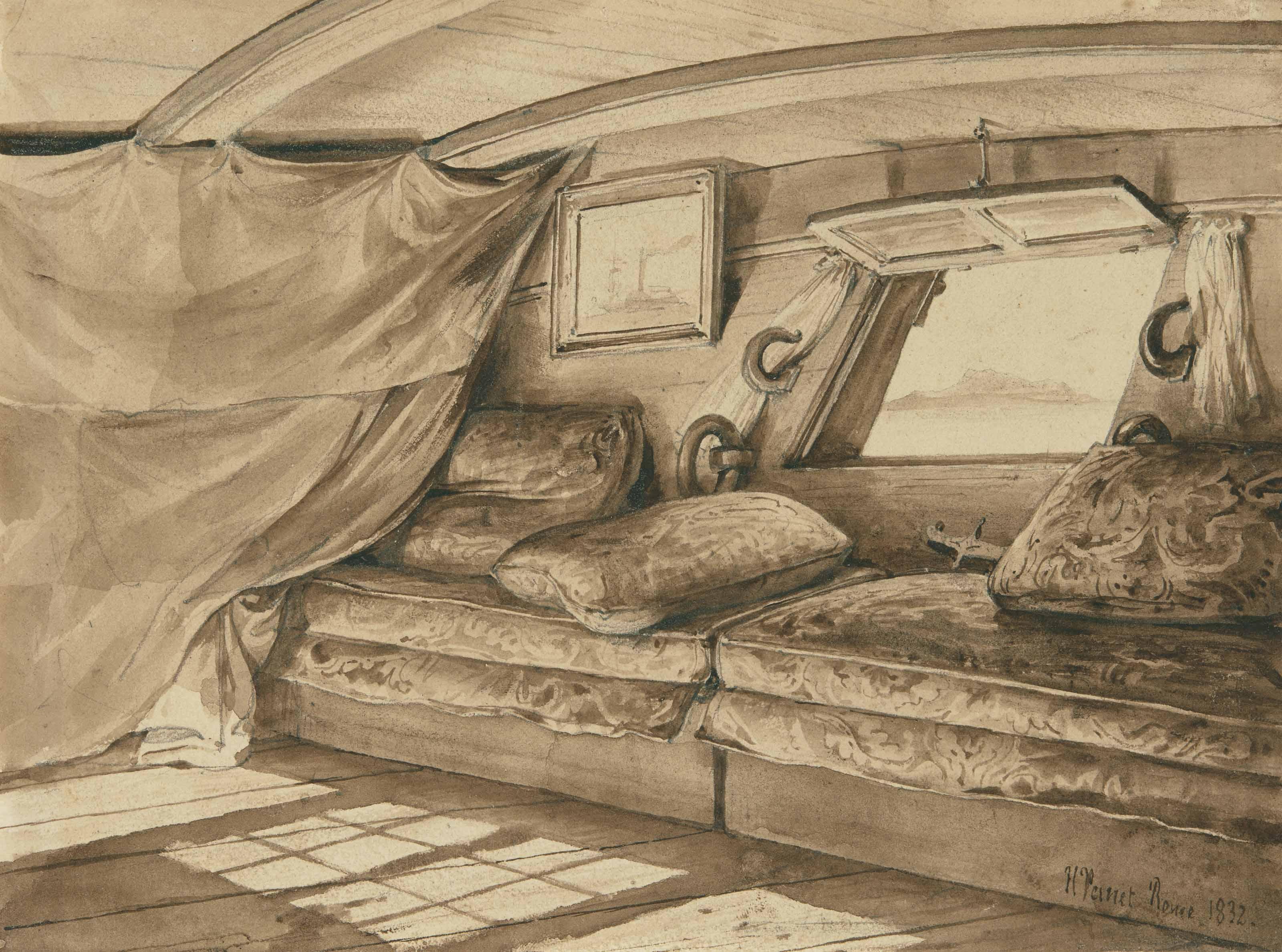 Horace Vernet - Cabinet du capitaine d\'un bateau, le hublot ouvert