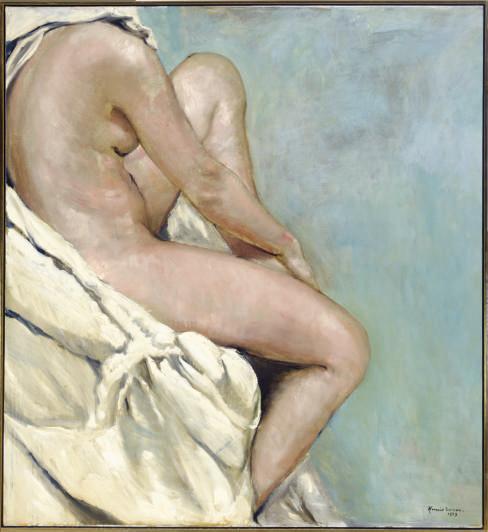 Horacio Torres - Seated nude on blue background