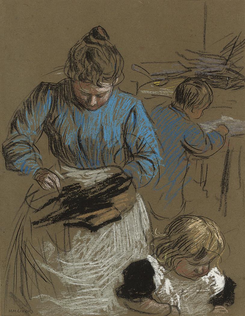 Horance Mann Livens - Woman sewing, accompanied by two children