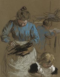 Horance Mann Livens - Woman sewing, accompanied by two children
