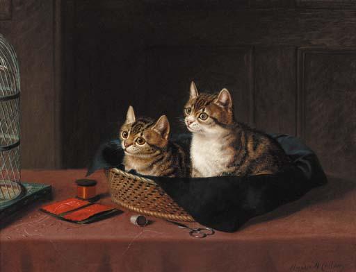 Horatio Henry Couldery - Two kittens in a basket watching a bird in a cage