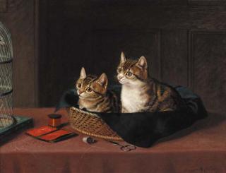 Horatio Henry Couldery - Two kittens in a basket watching a bird in a cage