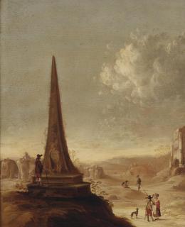 Horatius de Hooch - An Italianate landscape with a Grand Tourist studying the inscriptions on an obelisk