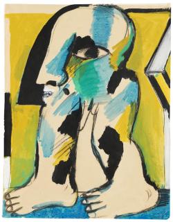 Horst Antes - Figur mit schwarzer Kappe auf Ocker