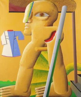 Horst Antes - Ocker-Figur mit Wunde (und farbigen Rock von Max Tilke)