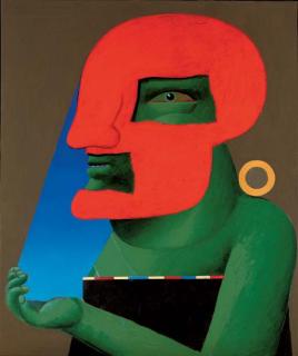 Horst Antes - Porträt mit roter Gesichtsmaske und blauem Gesichtsfeld