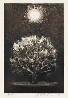 Hoshi Joichi - Moon and tree, signed in pencil in Japanese, Moon and Tree and in English, Joichi Hoshi \'76, framed and glazed