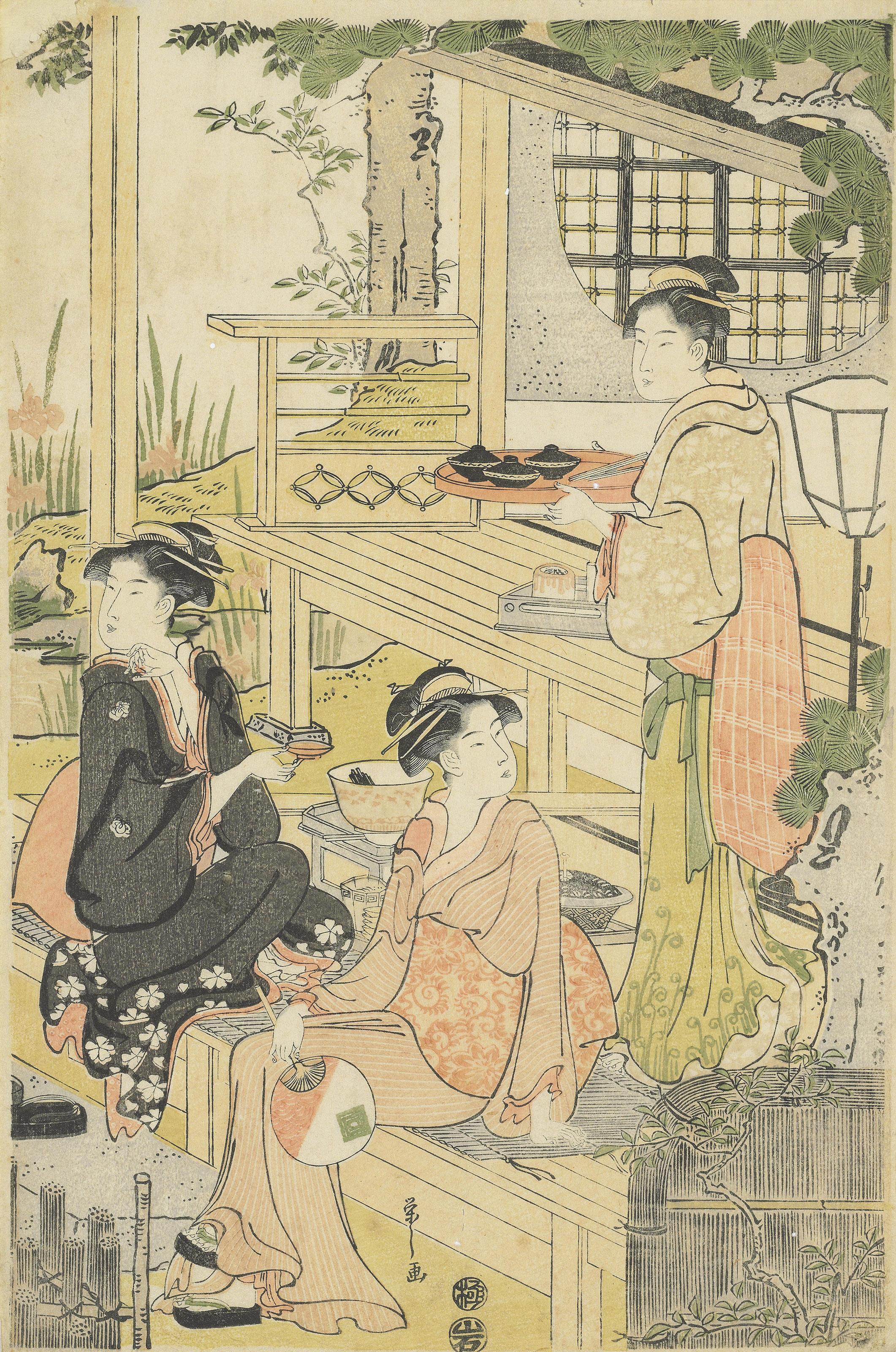 Hosoda Eishi - Three Ladies on a Veranda