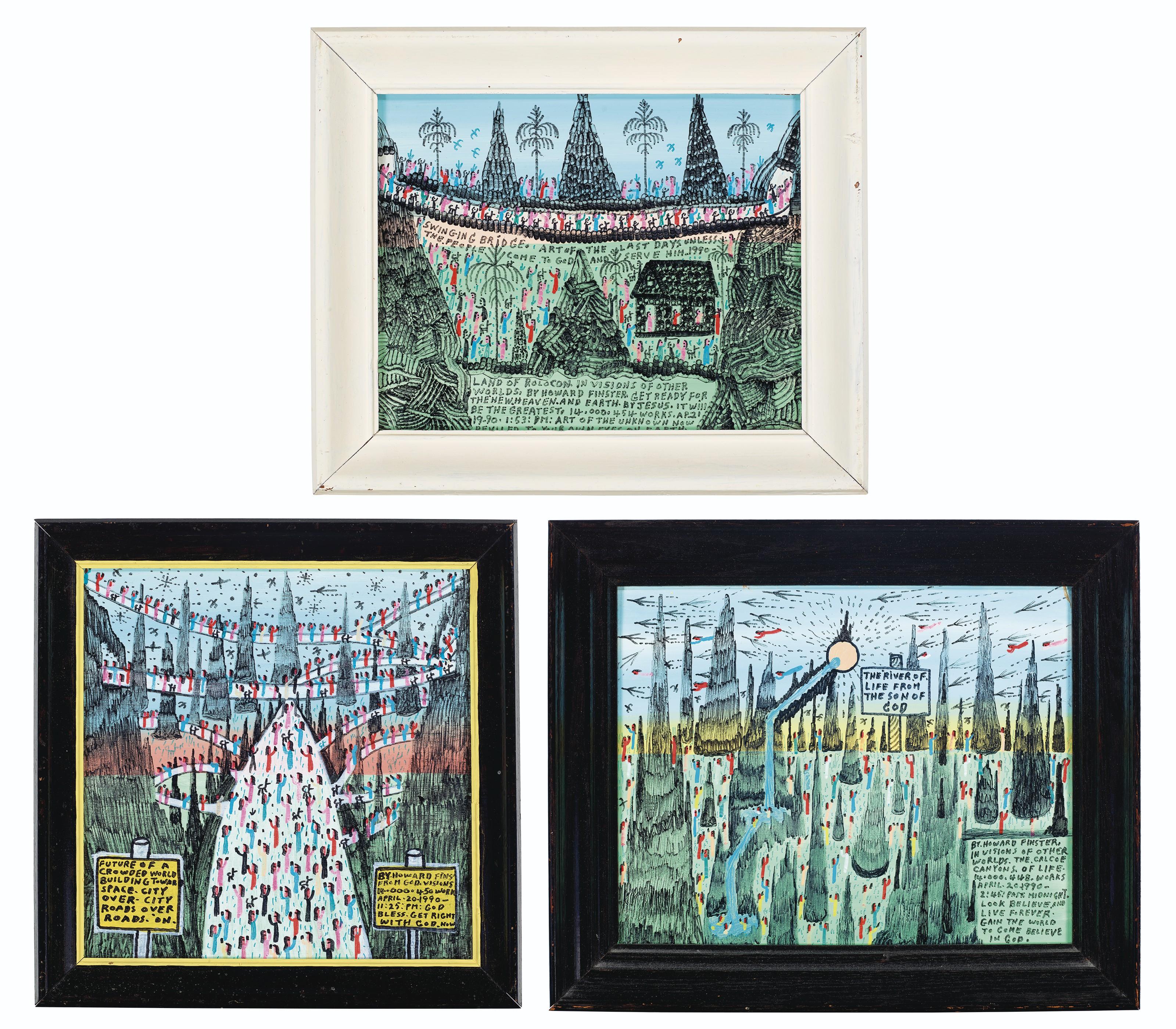 Howard Finster - The River of Life From the Sun of God #14,448, 1990; Future of a Crowded World #14,450, 1990; Swinging Bridge #14,454, 1990
