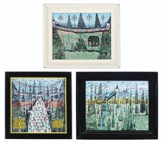 Howard Finster - The River of Life From the Sun of God #14,448, 1990; Future of a Crowded World #14,450, 1990; Swinging Bridge #14,454, 1990