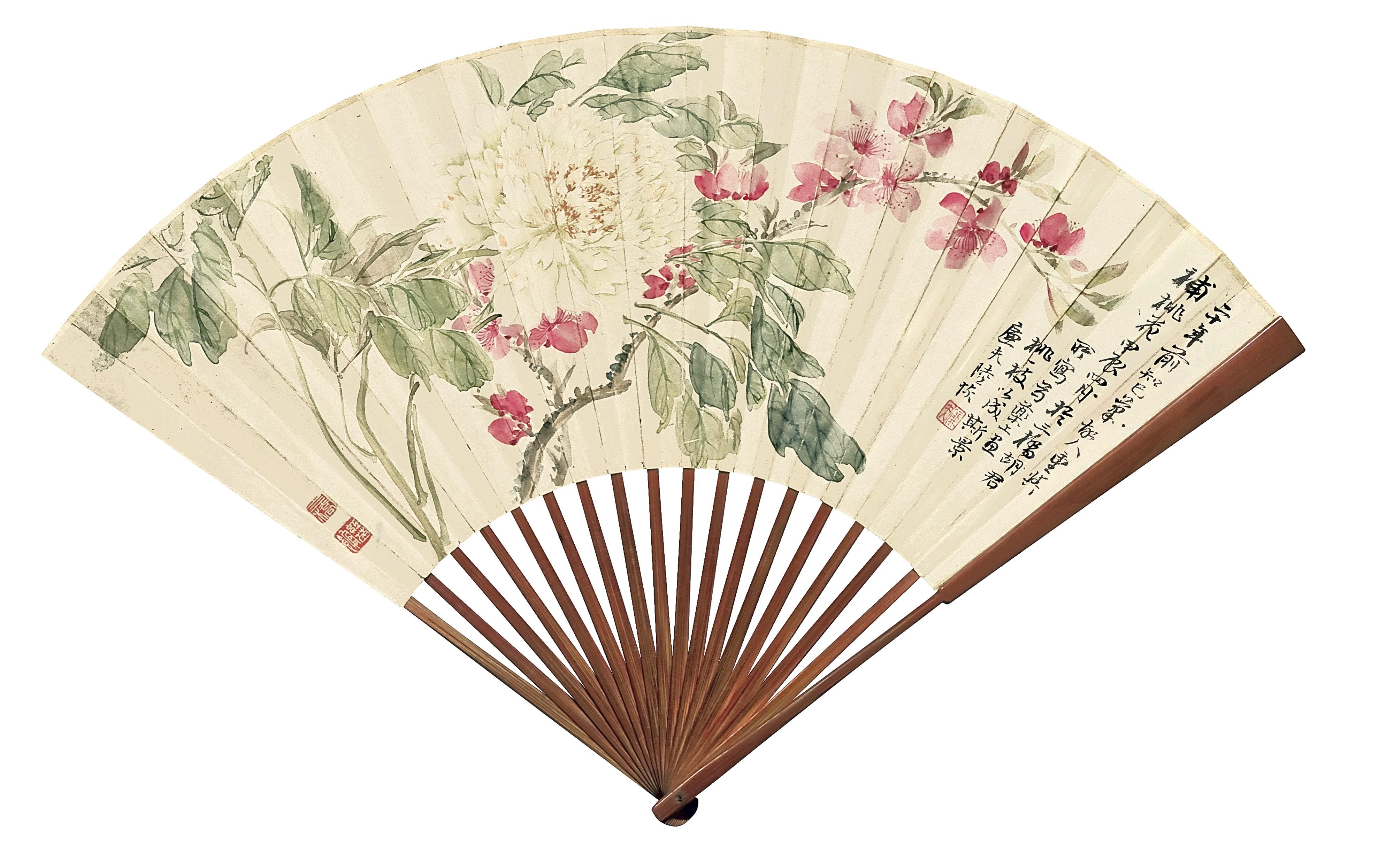 Hu Xigui - Peach Blossom And Peonies; Calligraphy In Shiguwen