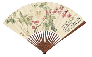 Hu Xigui - Peach Blossom And Peonies; Calligraphy In Shiguwen