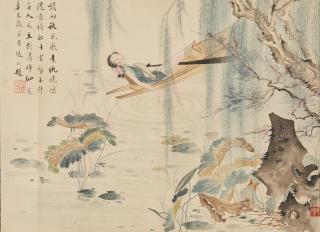 Hu Yefo - Lady Boating Under Willow Tree