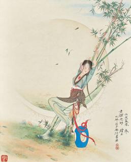 Hu Yefo - Lady Laying Against Bamboo