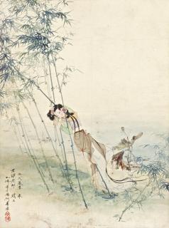 Hu Yefo - Lady Leaning Against The Bamboo