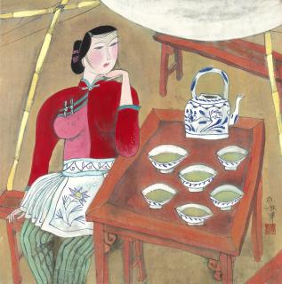 Hu Yongkai - Lady Drinking Tea