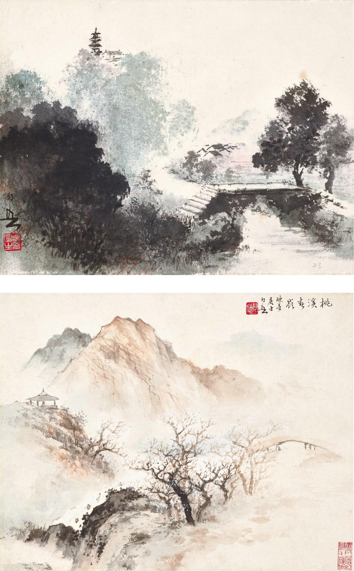 Huang Huanwu - Peach Grove In Spring; Pavilion Amidst Trees