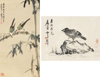 Huang Junbi - Bird on Rock, Two Birds on Bamboo Tree