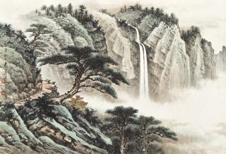 Huang Junbi - Waterfall And Pines In Mountains