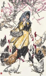 Huang Zhou - Girl Feeding the Chickens