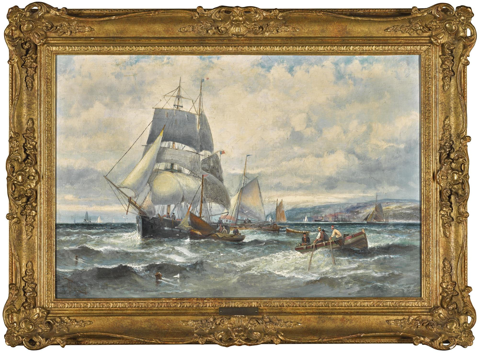 Hubert Anslow Thornley - Shipping Off A Coastal Town