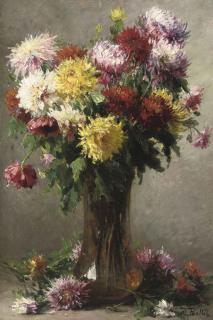 Hubert Bellis - Chrysanthemums in a glass vase