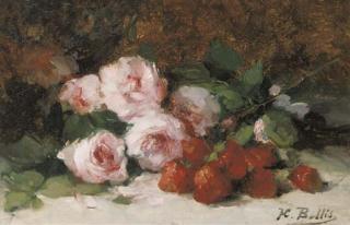 Hubert Bellis - Strawberries and pink roses on a ledge