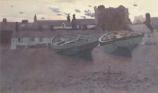 Hubert Coop - Boats on the foreshore at dusk