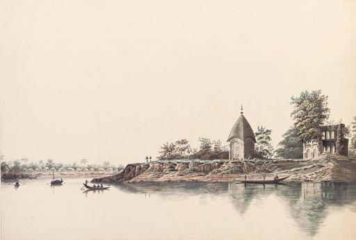 Hubert Cornish - A Hindu village called Commercolly, with two Hindu temples on the bank (illustrated); and A group of Mango tress in blossom on the river Cobaduck in the Sunderbunds