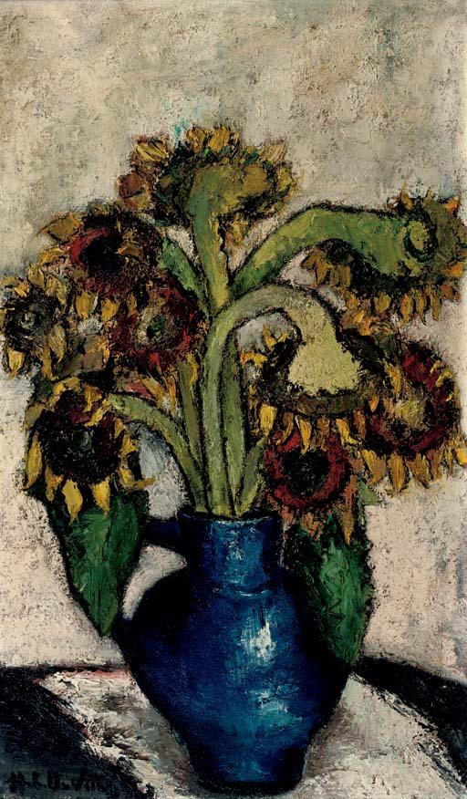 Hubert de Vries - Sunflowers in a blue vase