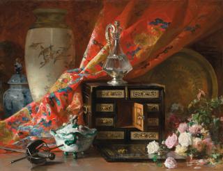 Hubert Denis Etcheverry - A cabinet, flowers and crystal ewer on a ledge