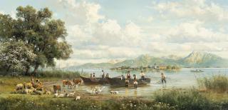 Hubert Kaplan - Einholen der Fischernetze am Chiemsee mit Blick auf die Frauenins