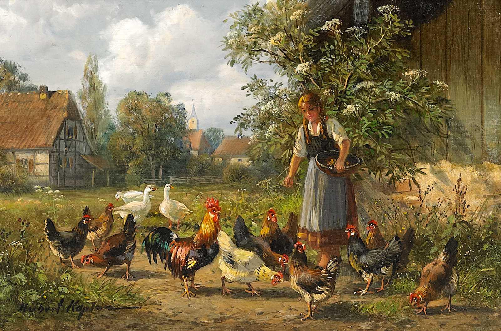 Hubert Kaplan - Magd mit Hühnerschar