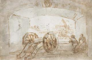 Hubert Robert - A cannon emplacement in the Castel Sant\'Angelo, Rome, looking towards Saint Peter\'s