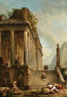 Hubert Robert - A capriccio of a ruined classical temple and a Pyramid with a flight of steps