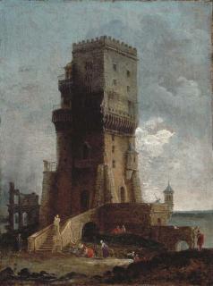 Hubert Robert - A Capriccio of A Tower With Figures In The Foreground, Ruins And The Sea Beyond