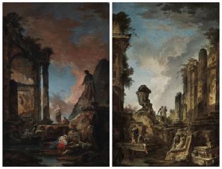 Hubert Robert - A capriccio of classical ruins with a giant urn and men conversing; and A capriccio of an apse, pyramid and other ruins with classical sculpture and a woman nursing