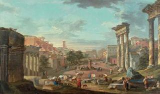 Hubert Robert - A capriccio of the Campo Vaccino with figures amongst ruins