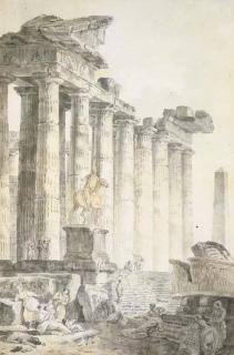 Hubert Robert - A capriccio with the statue of Marcus Aurelius, figures among ruins in the foreground