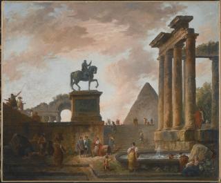 Hubert Robert - A Capriccio With Troubadours And Washerwomen By A Basin Among Roman Ruins, A Pyramid Beyond