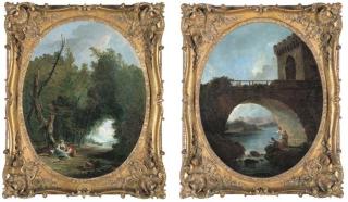 Hubert Robert - A Fortified Bridge With A Peasant Fishing With His Wife And Child; And A Wooded Landscape With A Young Couple In A Clearing