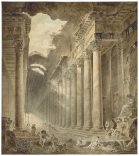Hubert Robert - A great colonnaded building, the roof partly open to the sky, with girls washing clothes at a fountain below a statue of a seated man