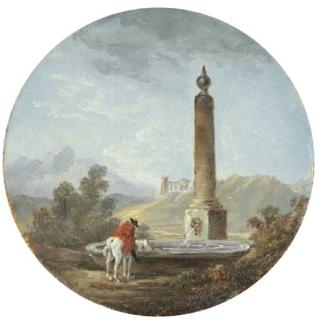 Hubert Robert - A landscape with a horseman pausing by a fountain