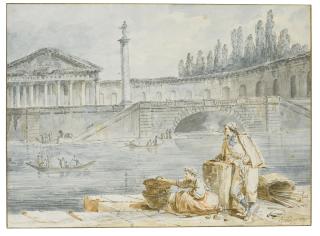 Hubert Robert - A Man Smoking A Pipe And A Woman With Baskets Looking Out At Rowing Boats