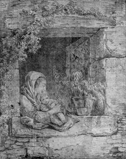 Hubert Robert - A mother and child embracing by a cottage window