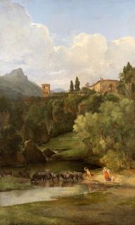 Hubert Robert - A Mountainous landscape with ramparts and buildings of an Italian village
